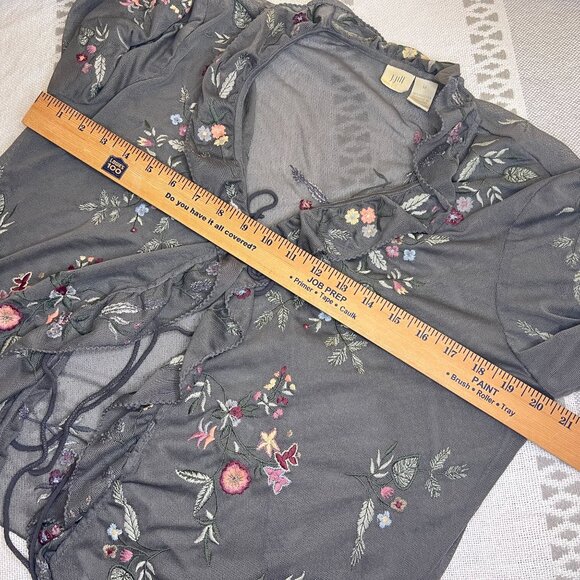 J Jill Sheer Blouse Ruffle Tie Front Cardigan Embroidered Flower Dainty Feminine - Picture 10 of 10